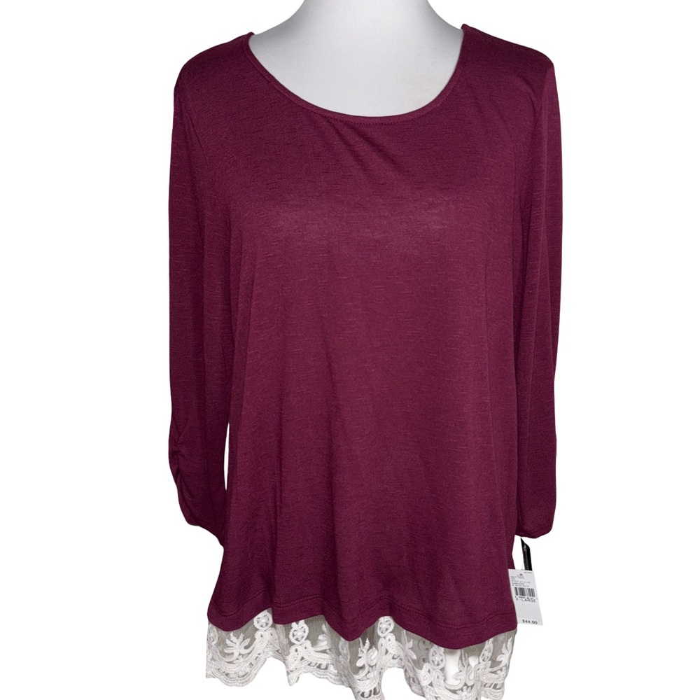 New Directions Burgundy Lace Hem Long Sleeve Top